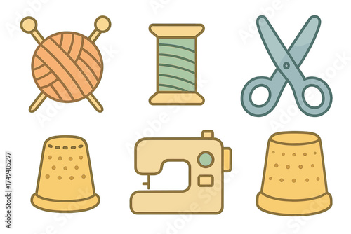 Craft icons set featuring sewing and knitting tools like yarn, thread, scissors, and thimbles