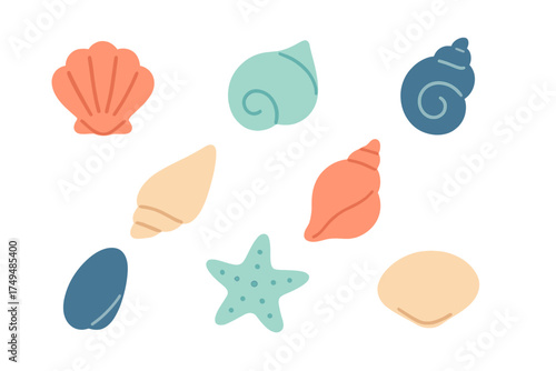 Assortment of colorful seashells and starfish icons on white background
