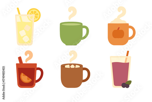 Hot and cold seasonal beverage icons featuring steam and various garnishes