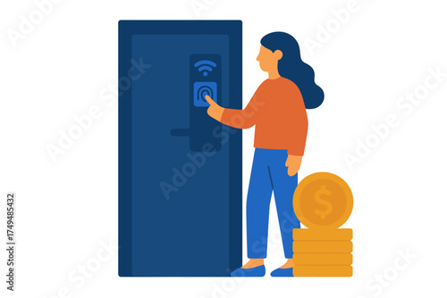 Woman using smart door lock with wireless access and stack of money