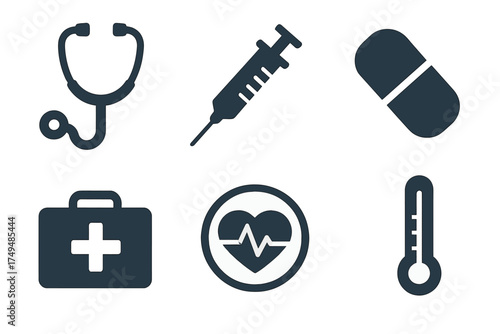 Dark blue medical and healthcare icons: stethoscope, syringe, and first aid kit