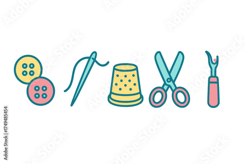 Colorful icons representing various sewing and tailoring equipment