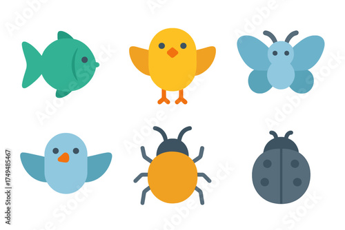 Six colorful flat design icons of small animals and insects