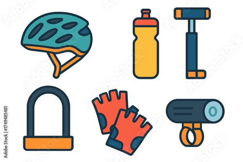 Essential bicycle accessories icons for cycling safety and maintenance tools