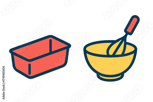 Baking pan and mixing bowl with whisk simple graphic icons