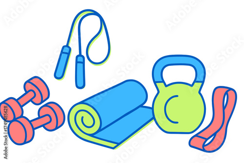 Colorful fitness equipment icons for workout and exercise routines