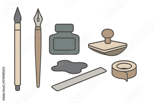 Assortment of traditional calligraphy and drawing implements such as brush, nib pen, and inkwell