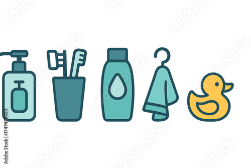 Colorful icons representing bath and hygiene products for personal care