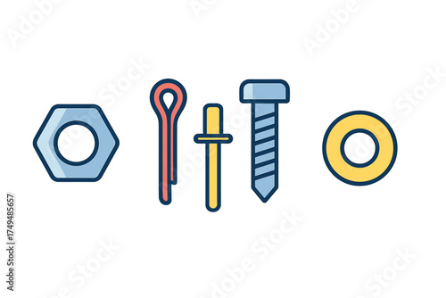 Collection of mechanical fasteners including nut, cotter pin, dowel pin, screw, and washer
