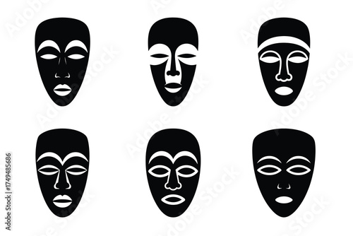 African mask minimal flat vector icon set. black color and white background.