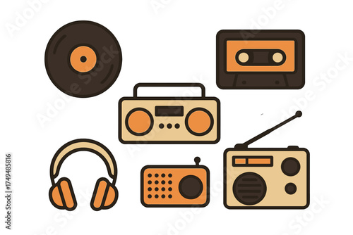 Retro audio equipment icons featuring vinyl record and cassette player