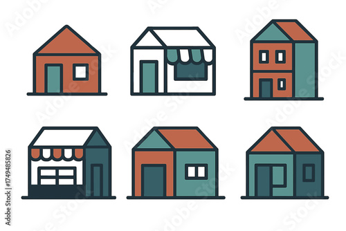 Colorful simple house and storefront icons in outline style