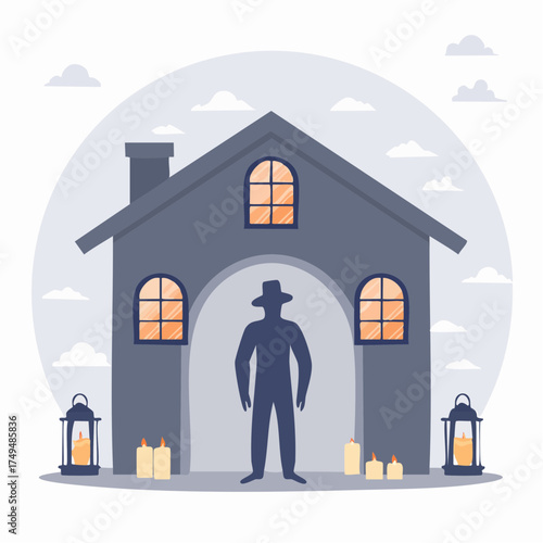 Silhouette figure in a haunted house with candles