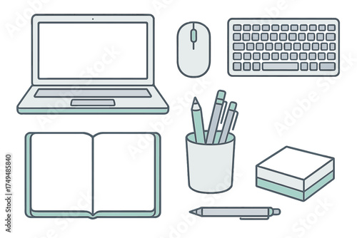 Modern office and study supplies featuring laptop and notebook on desk