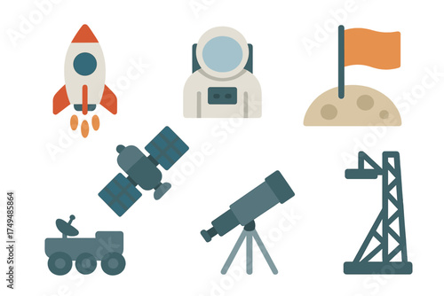 Astronomy and space exploration icons featuring rocket, astronaut, and planetary rover