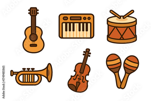 Assortment of musical instrument symbols: guitar, keyboard, drum, trumpet, violin, and maracas