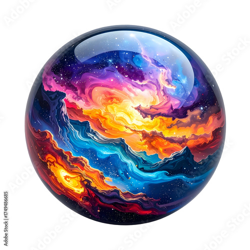 A glossy orb reveals a vivid, swirling cosmos within, set against a stark black background