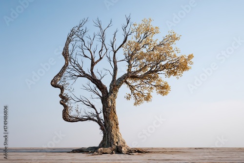 a tree in the shape of two human faces with one half empty branches and the opposite side full of leaves, as a medical metaphor for psychological contrast in feelings