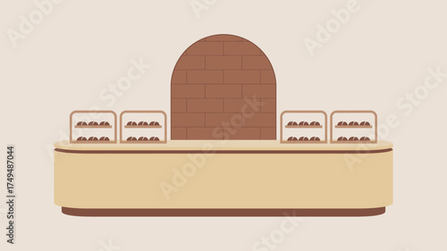 A bakery display case with pastries and a brick archway on a cream colored background illustration