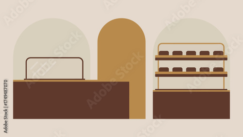 Illustration of a bakery counter with display case and a brown arch on a beige background