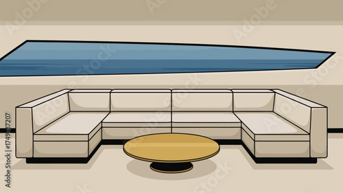 Illustration of a large sectional sofa with a round coffee table and a blue window above it all