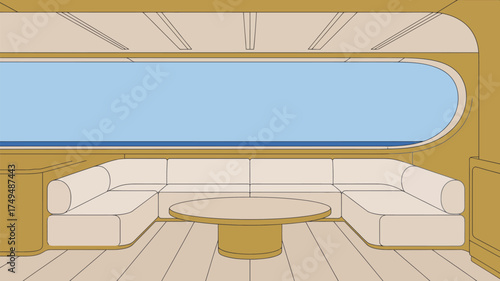 Interior of a yacht with a large window showing the sea and a seating area with a round table