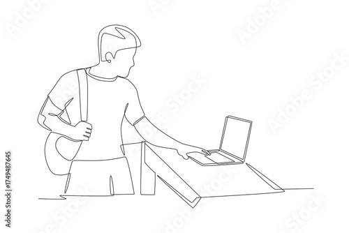 Man looking at laptop in store. Exploring laptops in store concept one-line drawing