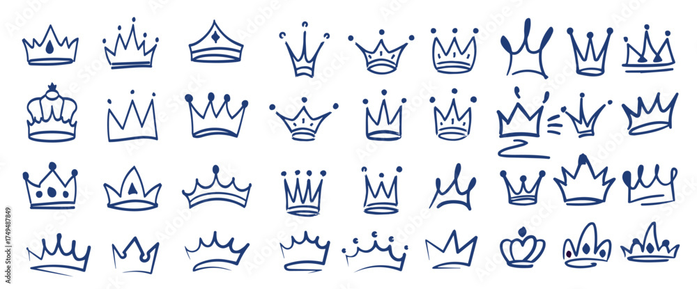 Obraz premium Doodle king queen crown. Hand drawn logo set. Vector kingdom sketch concept
