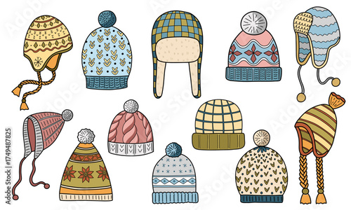 Doodle winter knitted hat sat. Vector hand drawn head wear design elements collection.