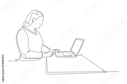 Woman looking at laptops in a shop. Exploring laptops in store concept one-line drawing