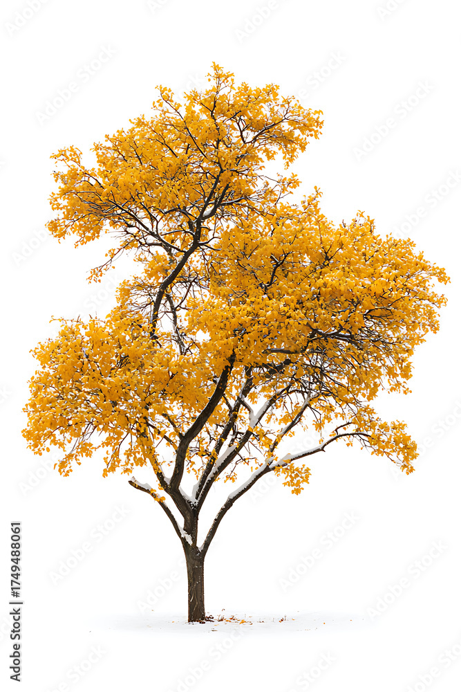 Fototapeta premium A beautiful autumn tree with vibrant golden orange leaves against a clean white background