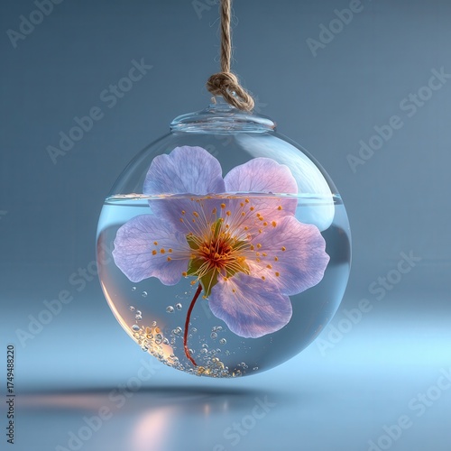 Floating glass globe with suspended flower inside, concept isolate