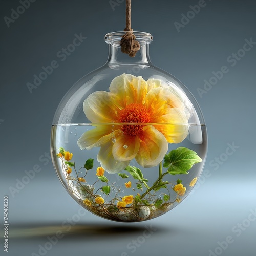 Floating glass globe with suspended flower inside, concept isolate
