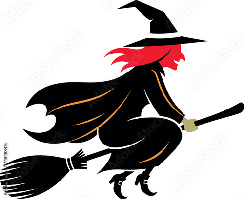 Witch Flying on Broomstick, Halloween Cartoon Style