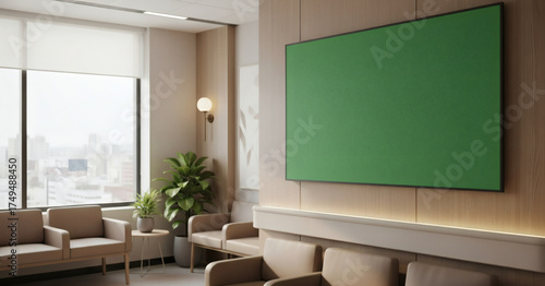 Waiting room interior mockup with green screen tv display area
