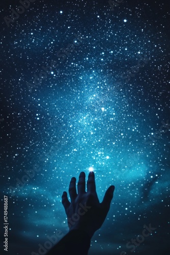 Hand reaching toward a starry night sky and distant light