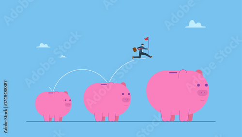 Businessman jumping from small piggy bank to bigger profit to achieve financial goal. Investment and savings growth, salary or profit increase, making more money and collect more wealth.