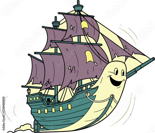 Cartoon flying pirate ship with happy face sails
