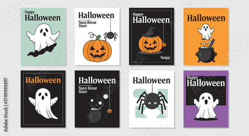 Set of cute and spooky Halloween greeting cards and posters featuring cartoon ghosts, jack-o'-lanterns, and spiders