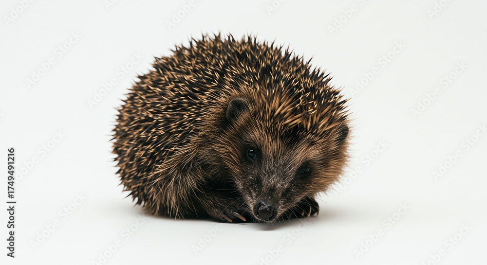 Fototapeta premium Small Spiky Hairy Hedgehog Resting on White Background