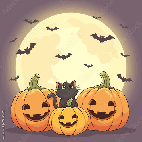 Charming Halloween illustration of a cute black cat sitting with carved jack-o'-lanterns under a full moon with bats