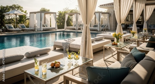 Luxurious Poolside Retreat: Cabanas, Loungers, and Refreshments in a Tranquil Oasis