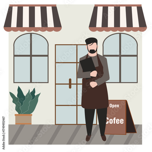 Barista standing in front of coffee shop entrance illustration