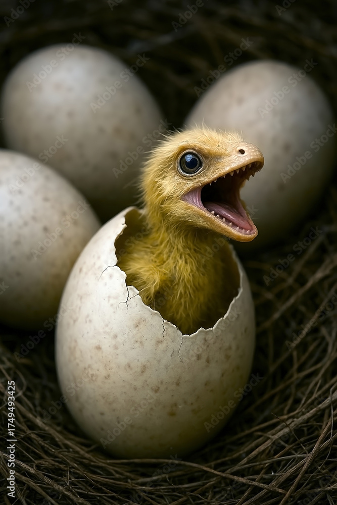 Fototapeta premium Pisklę dromeozaura (welociraptora...!?) wykluwa się z jajka. Młode ma otwarty pysk z ostrymi, drobnymi ząbkami. Pisklę wyłania się z pękniętego jaja, ułożonego w skupisku podobnych jaj.