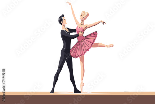 Elegant man and woman performing ballet dance on stage, classical performance, artistic movement, couple dancing, theater show, cultural art illustration