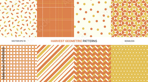 Seamless vector pattern collection with harvest geometric design in orange and yellow tones, ideal for Thanksgiving, fall decor, festive wrapping paper, textile prints warm backgrounds, digital crafts