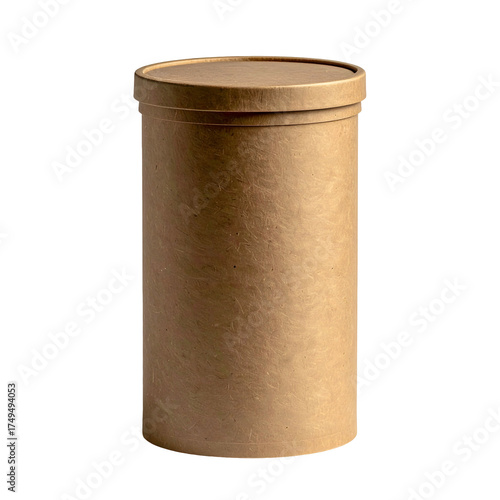 Cylindrical brown container with a lid, isolated on black background, lit from above