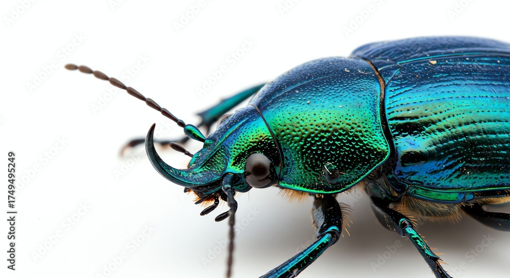 Fototapeta premium Vivid Metallic Blue Green Beetle Close Up on White Background