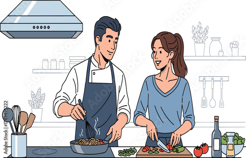 Happy couple cooking together in modern kitchen, preparing healthy meal, teamwork, love, domestic lifestyle, fresh food preparation illustration