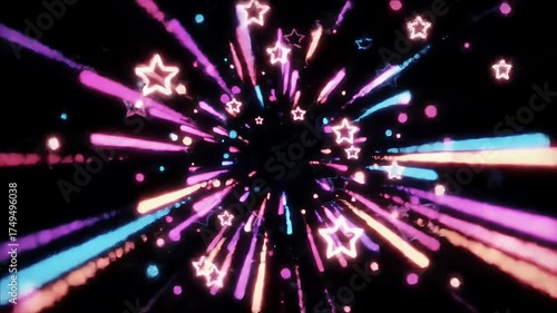 Abstract 3D Neon Star Tunnel Background With Pink Purple Blue Lights